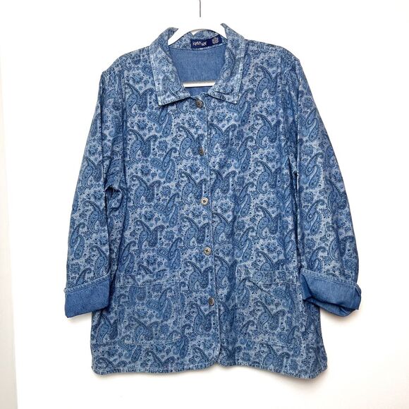 Vintage Krazy Kat Womens XXL Reversible Denim Jacket Lightweight Paisley Shacket - Picture 1 of 5